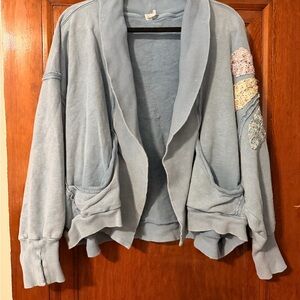 Anthropologie Light Blue Cardigan with Patchwork Accents
